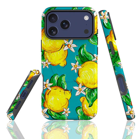 Gorgeous turquoise phone case with lemons Italian handpainted style