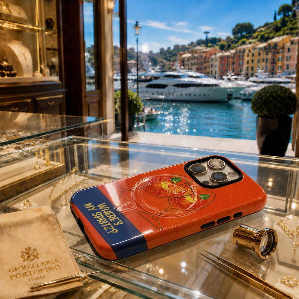 Luxury Aperol Spritz design phone case in jewelery store in Italy