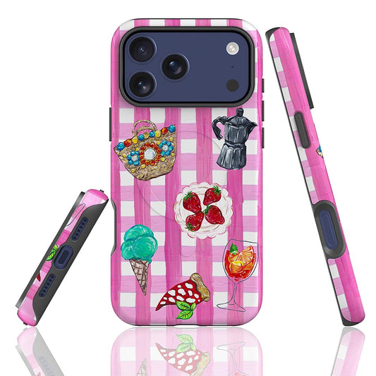 Pink checkered phone case featuring Italian moka coffee, gelato, pizza and aperol spritz