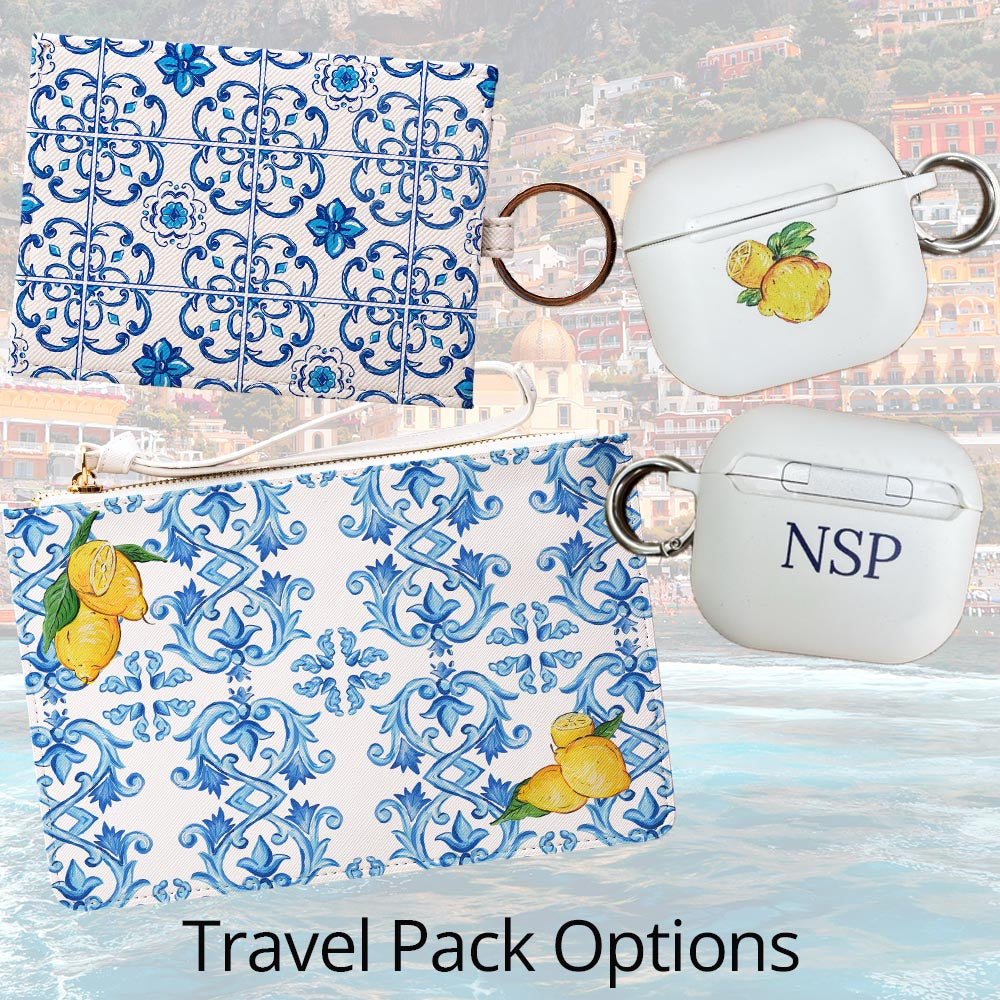 Italian fashion accessories with artisan majolica tile and lemon hand-painted designs