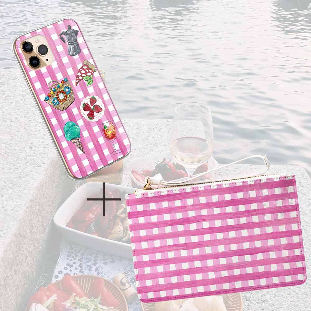 Pink Gingham Lake Como Picnic Phone Case and Clutch Bag