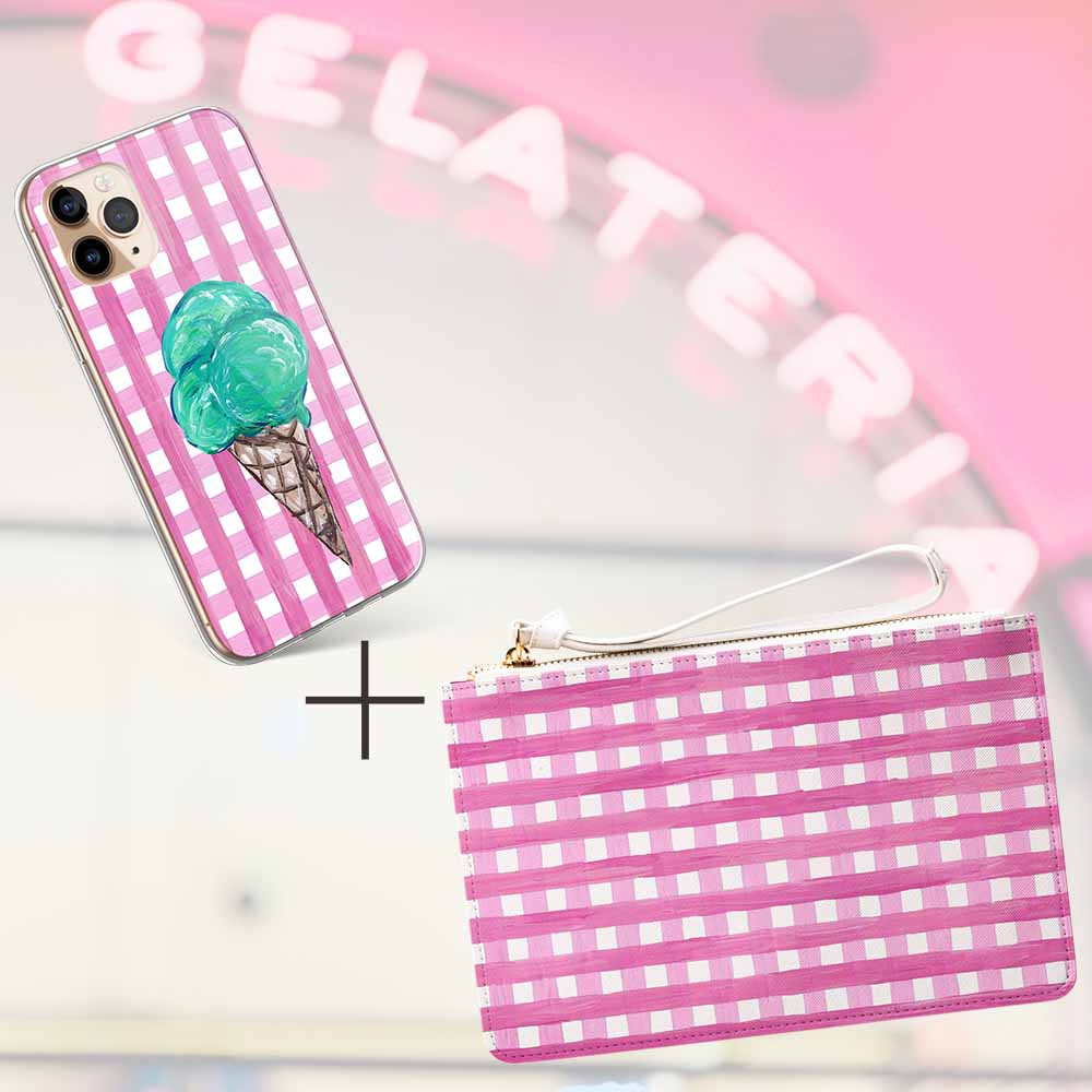Pink Gingham Italian Gelato Phone Case and Clutch Bag