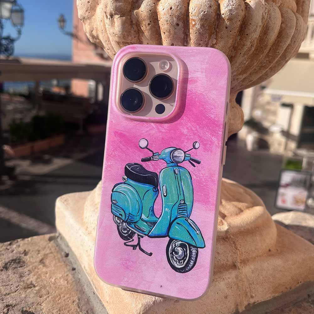 Sweet pink iPhone 16 Pro case featuring mint Vespa in Italy