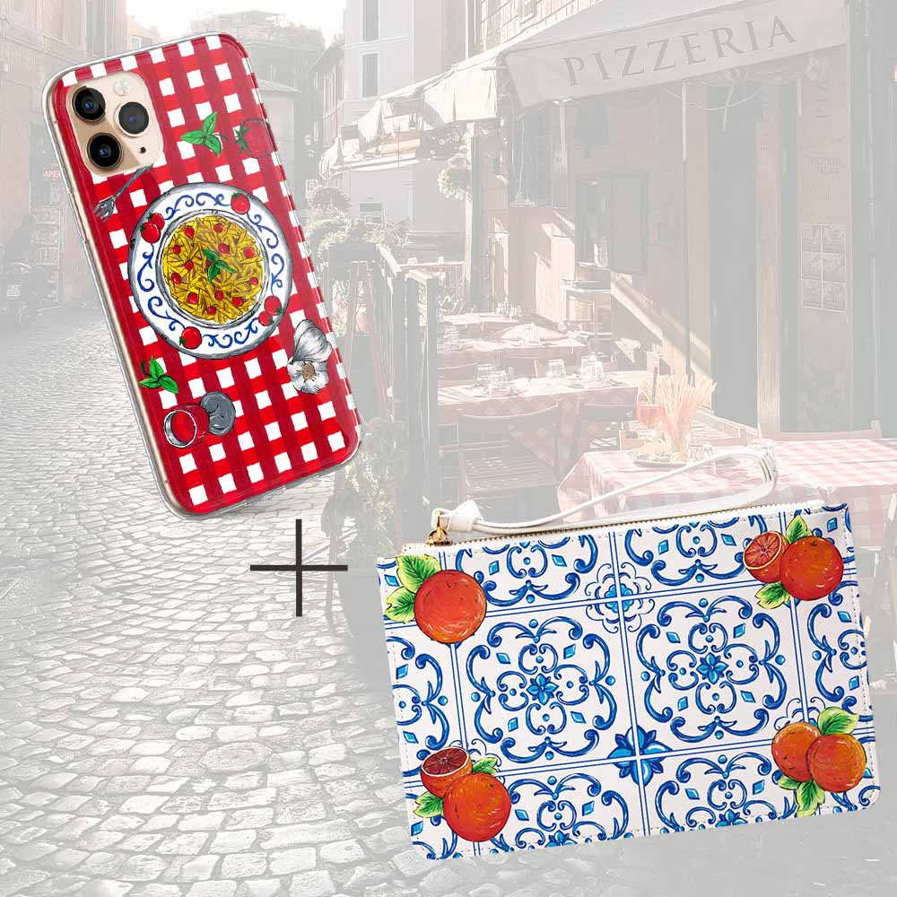 Red Gingham Vichy Phone Case and Majolica Tile design Clutch Bag