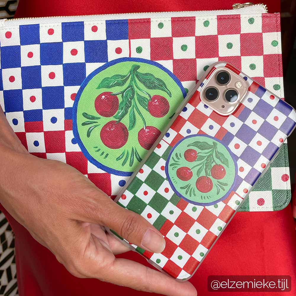 Italian designer cherry pattern vegan leather clutch bag with matching phone case