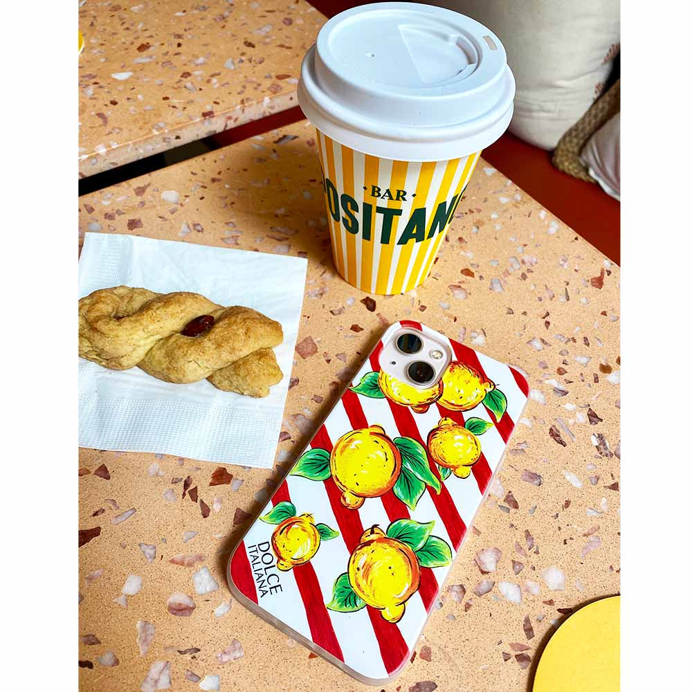 Lemon Phone Cover with red stripes at Bar Positano in Sydney Australia
