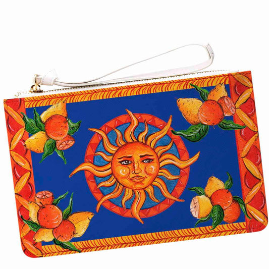 Bam Bar Taormina design clutch bag with blue background lemons and oranges