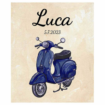 Blue Vespa Handpainted Italian Canvas Baby Birth Gift Name Plaque