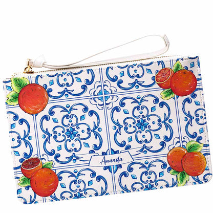 Caltagirone Arancio Orange and Maiolica tile design clutch bag purse pochette FRONT DOLCE ITALIANA