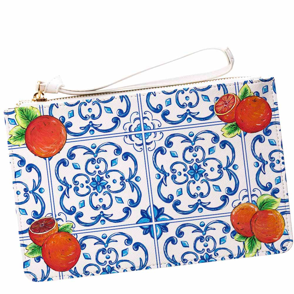Caltagirone Arancio Orange and Maiolica tile design clutch bag purse pochette front