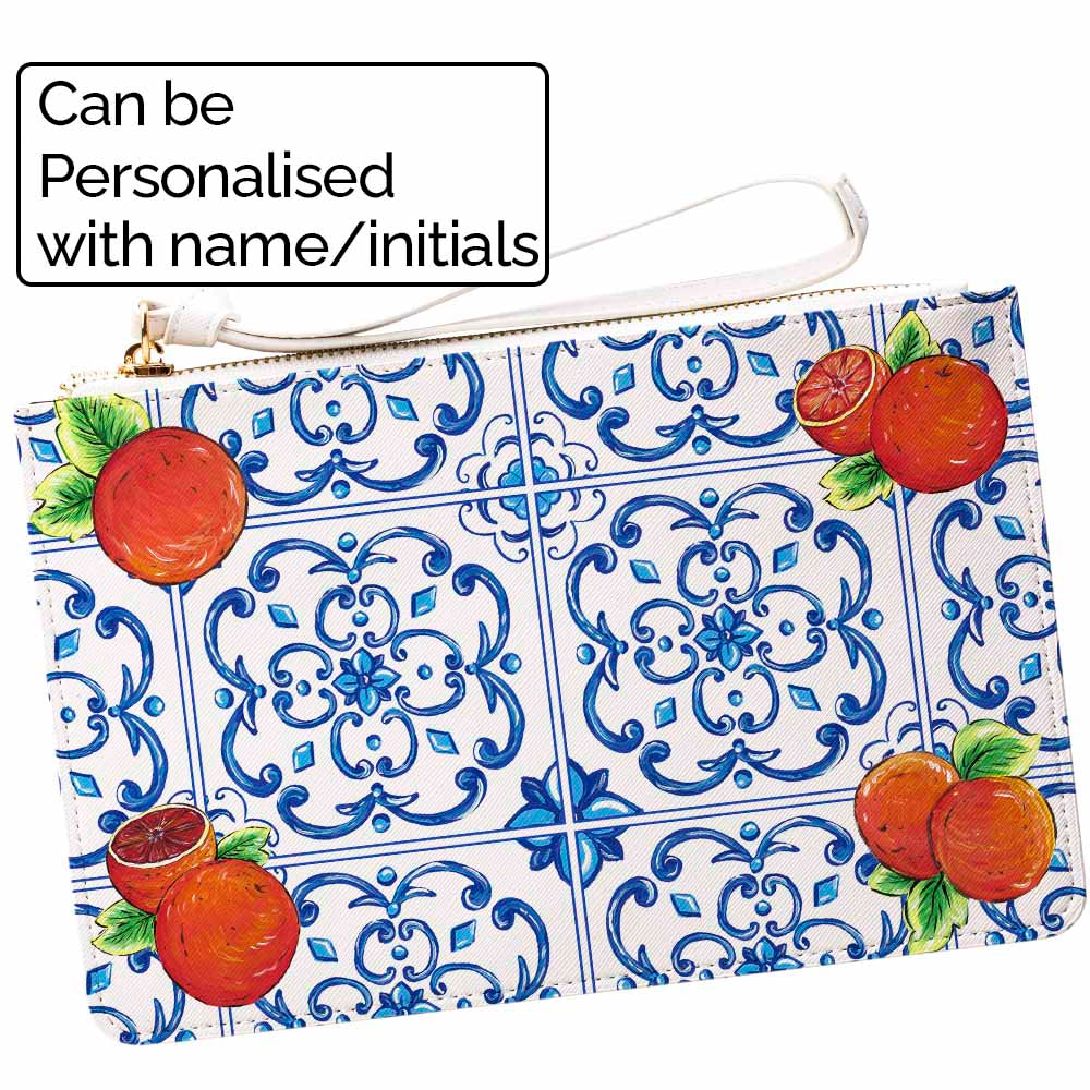Caltagirone Arancio Orange and Maiolica tile design clutch bag purse pochette monogrammed