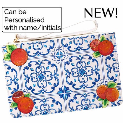 Caltagirone Arancio Orange and Maiolica tile design clutch bag purse pochette personalised