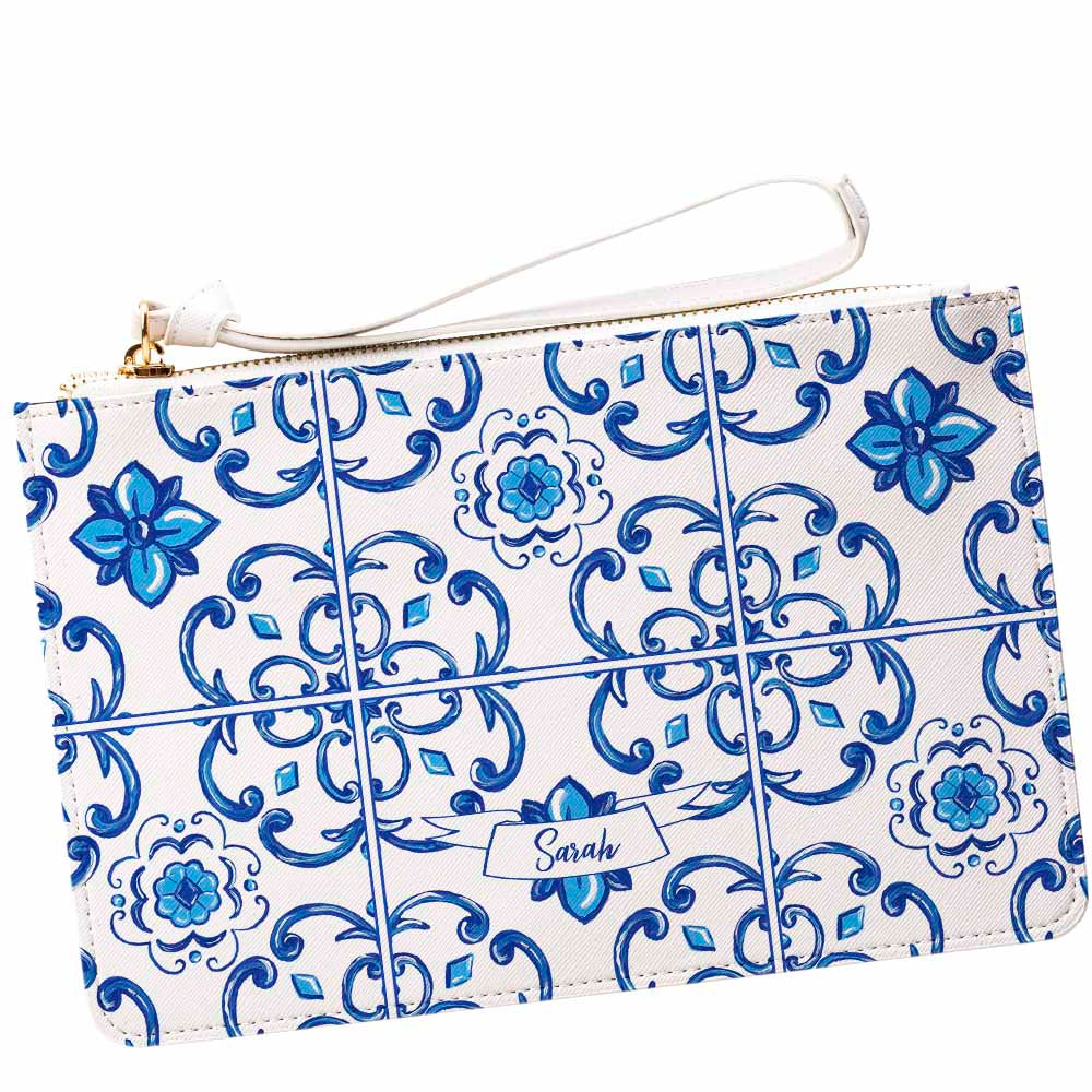 Caltagirone Blu Maiolica tile Italian design  purse with name mongram