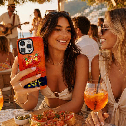 Girls holiday in Italy with orange Aperol spritz design phone case and cocktail