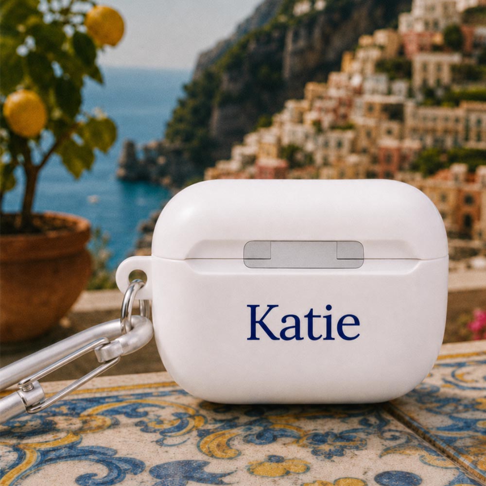 White AirPods Case with Italian lemon motif and name monogram personalized