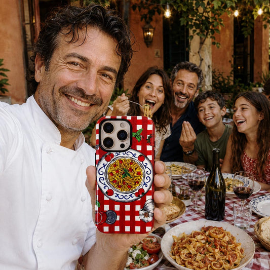 Italian chef holds red checked vichy gingham handpainted design  phone case in front of family