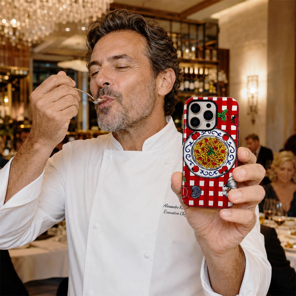 Italian chef holds red checked handpainted design  phone case