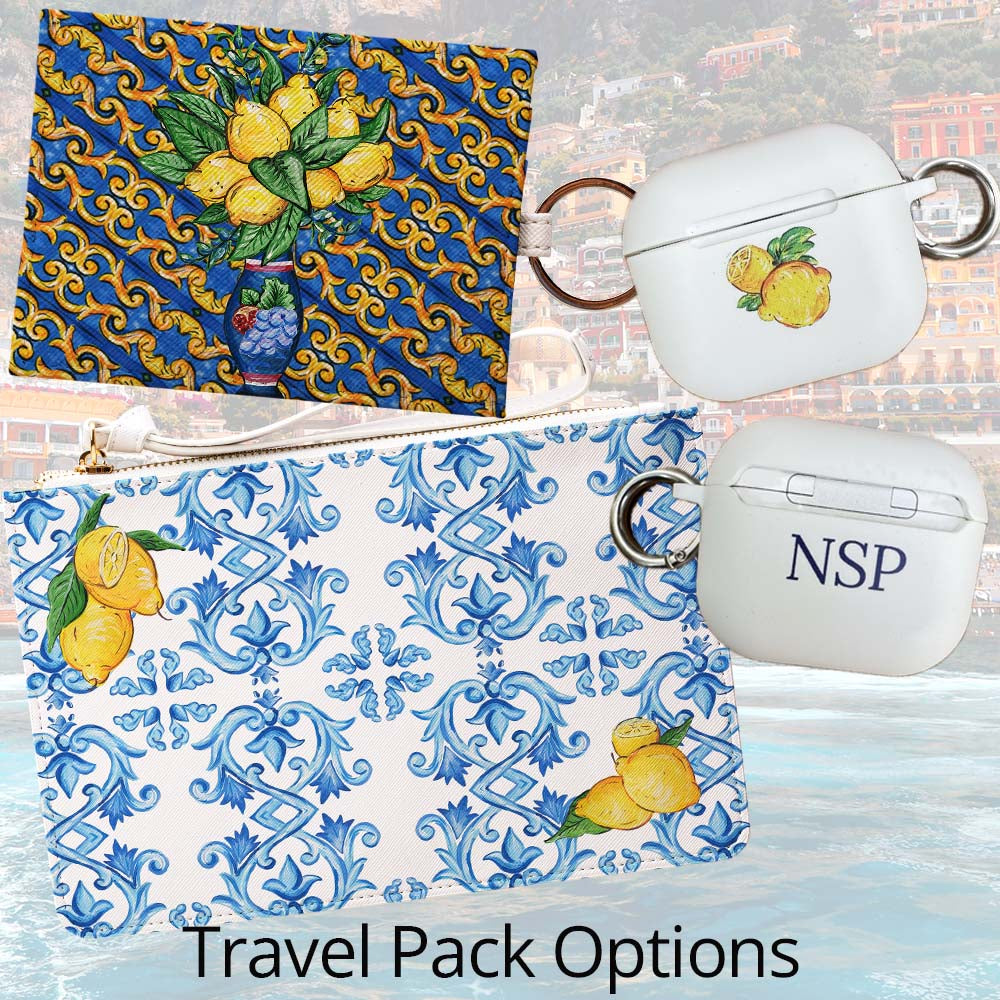 Italian fashion accessories with artisan majolica tile and lemon hand-painted designs