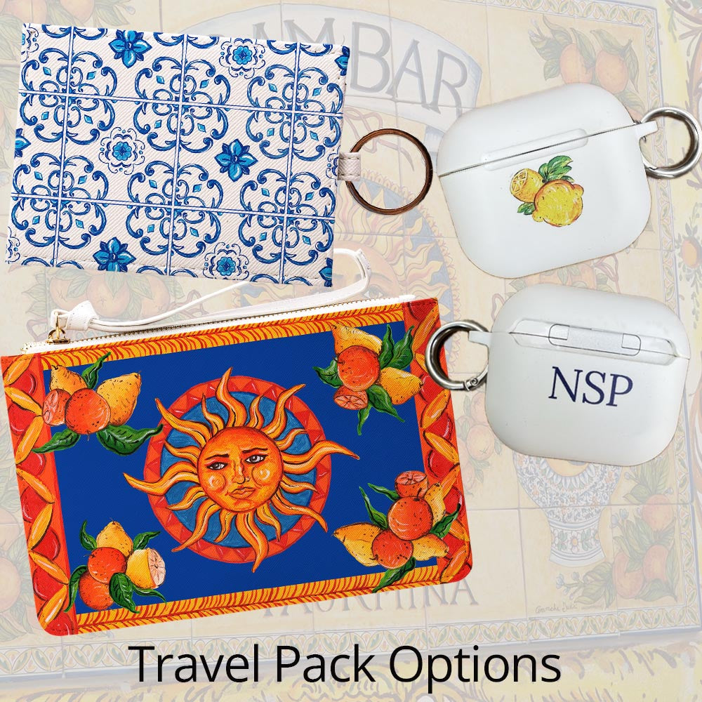 Bam Bar Sicily themed Italian design fashion accessories featuring majolica tile, sun, and fruits on blue background