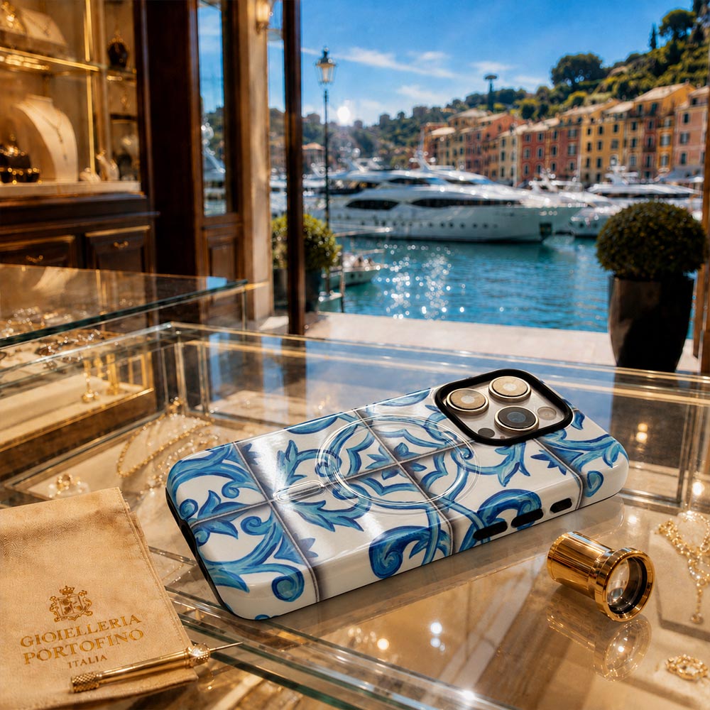 Luxury phone case featuring blue majolica tile design in Italy