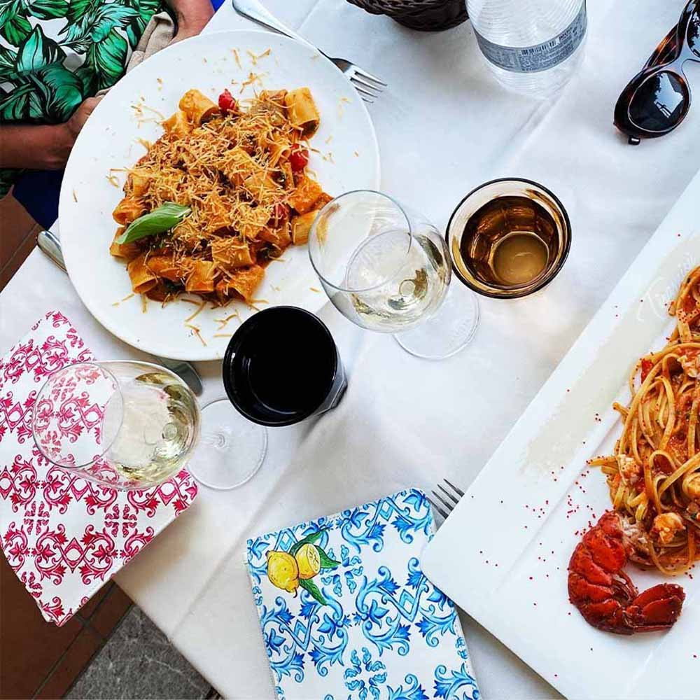 Amalfi Coast tile design pochette bag and purse with lobster linguine Taormina