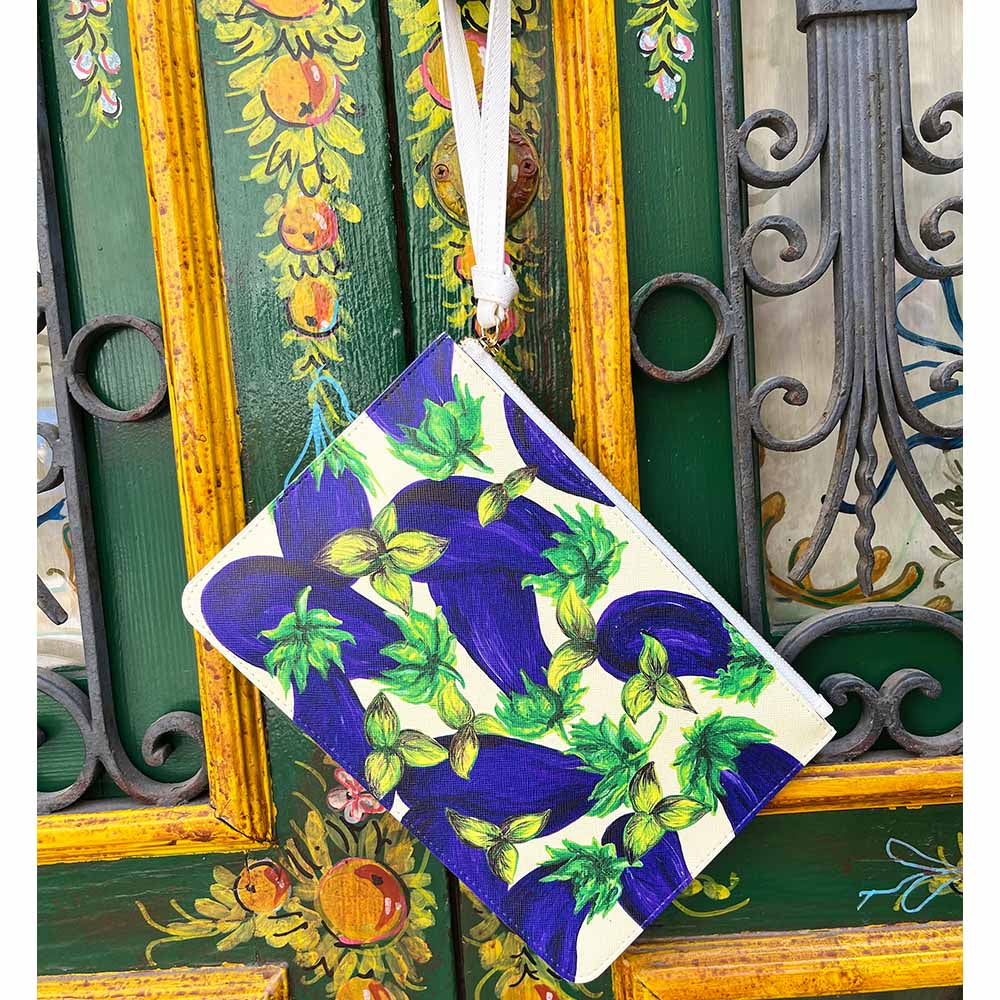 Eggplant Italy design pouch featuring handpainted DOLCE design