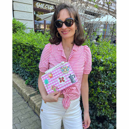 Model showing Pink Gingham Purse with Italian design