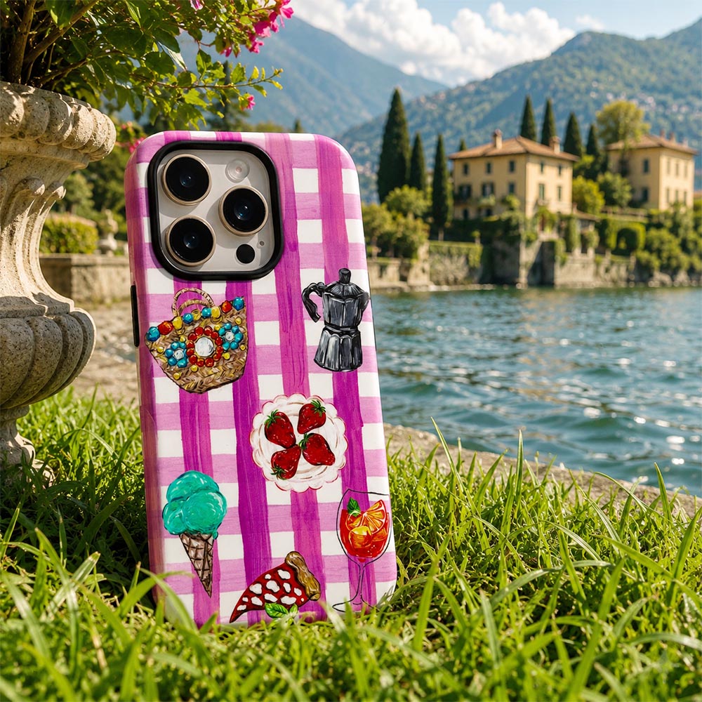 Pink vichy gingham phone case featuring Italian moka coffee, gelato, pizza and aperol spritz, on grass at Lake Como Italy