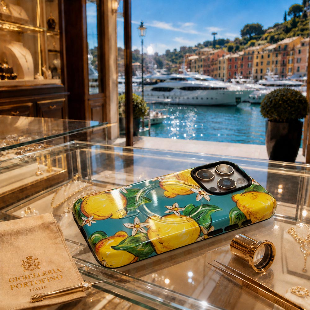 Luxury turquoise phone case featuring lemons, in luxury shop in Italy