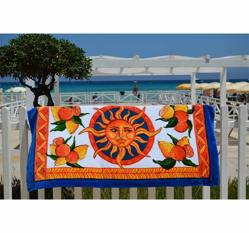 Beach Towel - Taormina traditional handpainted Italian Sicilian design with sun lemons oranges hanging at Mondello BeachDOLCE ITALIANA