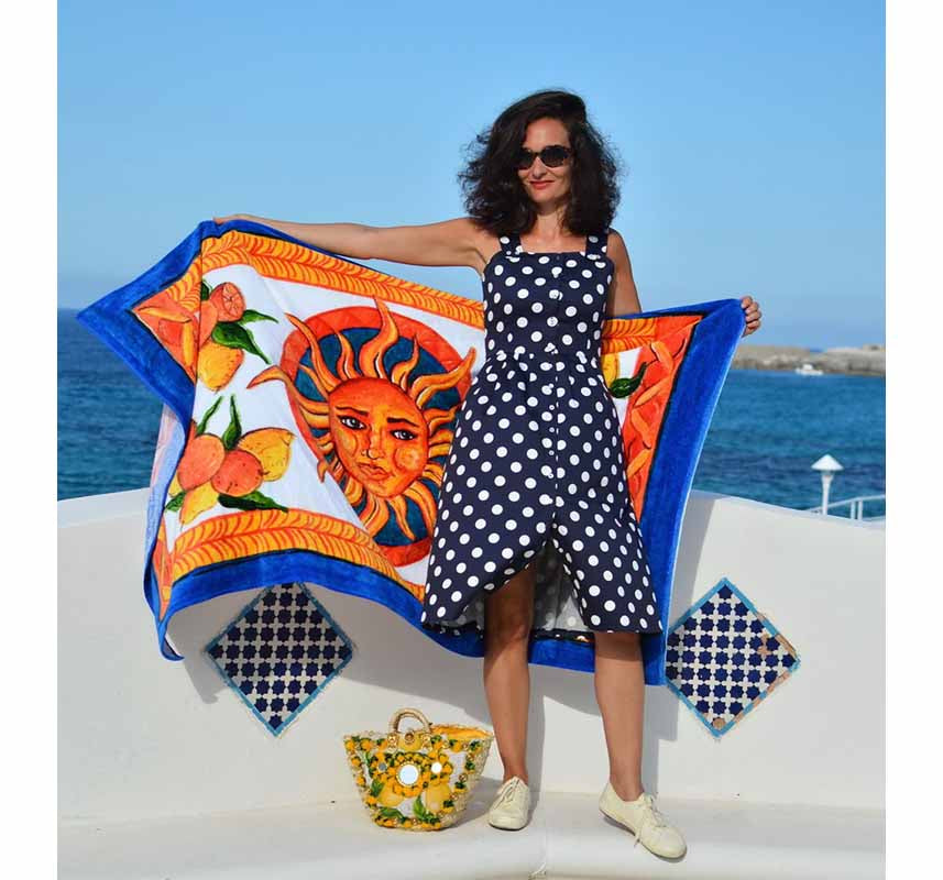 Beach Towel - Taormina-traditional handpainted Italian Sicilian design with sun lemons oranges Bam Bar-DOLCE ITALIANA