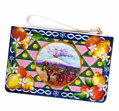 Handpainted Italian design purse  featuring Mt Etna lemons and oranges