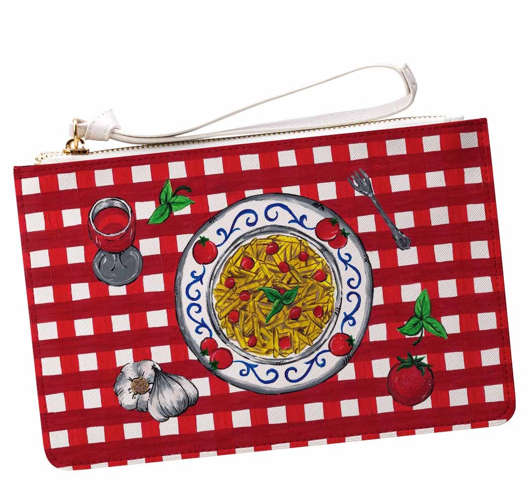 Red gingham restaurant tablecloth handpainted Italian design clutch bag