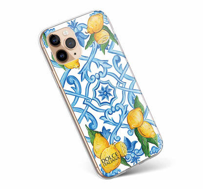 Phone Case - Capri - Ceramic White Background Edition-traditional Italian design handpainted lemon and blue maiolica tile-DOLCE ITALIANA on white background