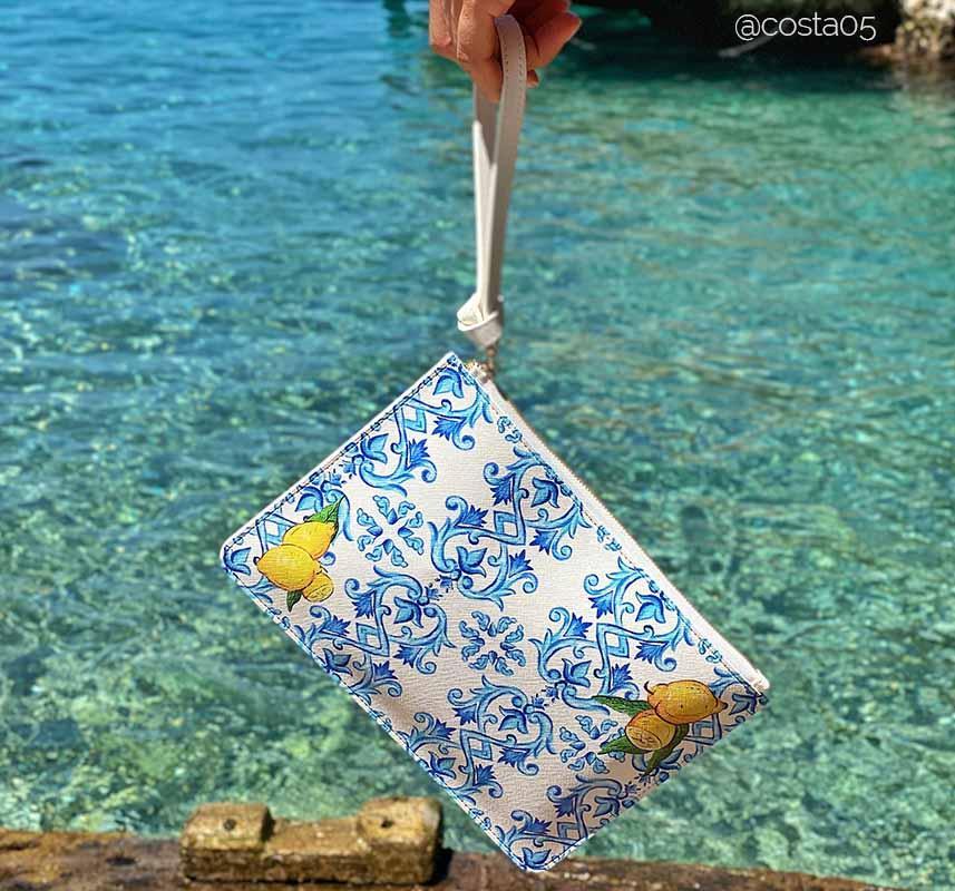 Clutch Bag-DOLCE ITALIANA-Traditional handpainted Italian design purse pouch featuring Capri lemons and blue Amalfi Coast maiolica tile design over water