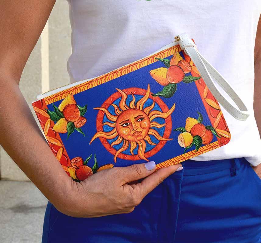 Bam Bar Taormina design pouch with blue background lemons and oranges