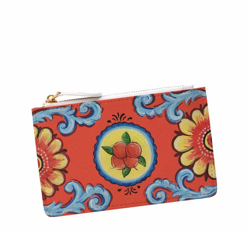 Traditional handpainted Italian design coin pouch purse DOLCE ITALIANA Sicily Orange Flowers and ocean wave design 