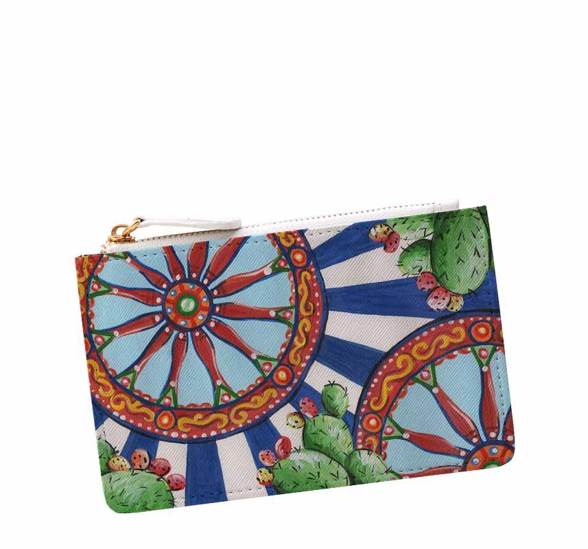 Traditional handpainted Italian design coin pouch purse DOLCE ITALIANA Carretto Sicliy Palermo Cart and blue white Dolce stripes design