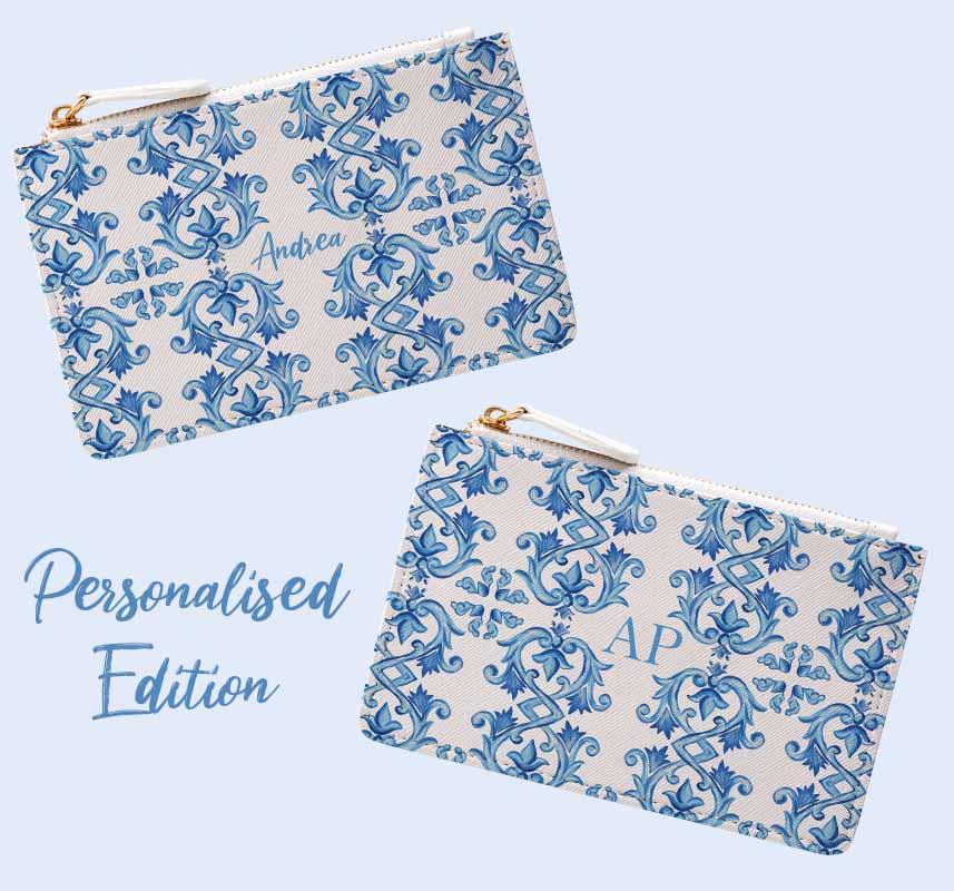 Traditional handpainted Italian design coin pouch purse DOLCE ITALIANA Amalfi Coast Maiolica Tile design Personalize with initials or name mongram monogrammed