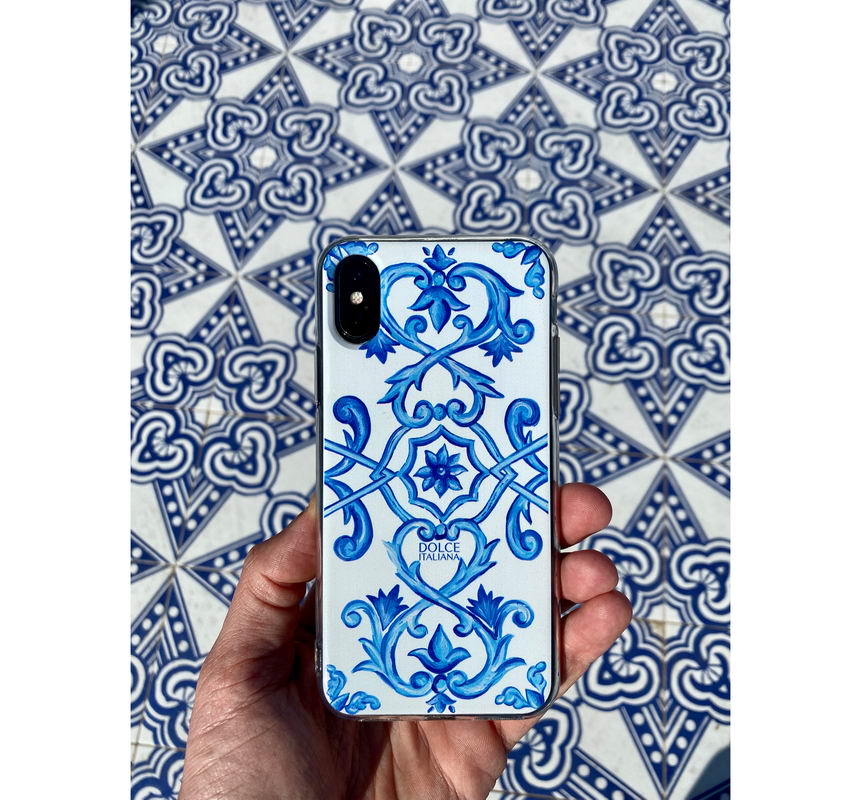 Phone Case - Maiolica Blu - Ceramic White Background Edition-traditional handpainted Italian design maiolica tile pattern-DOLCE ITALIANA against maiolica tile floor Amalfi Coast