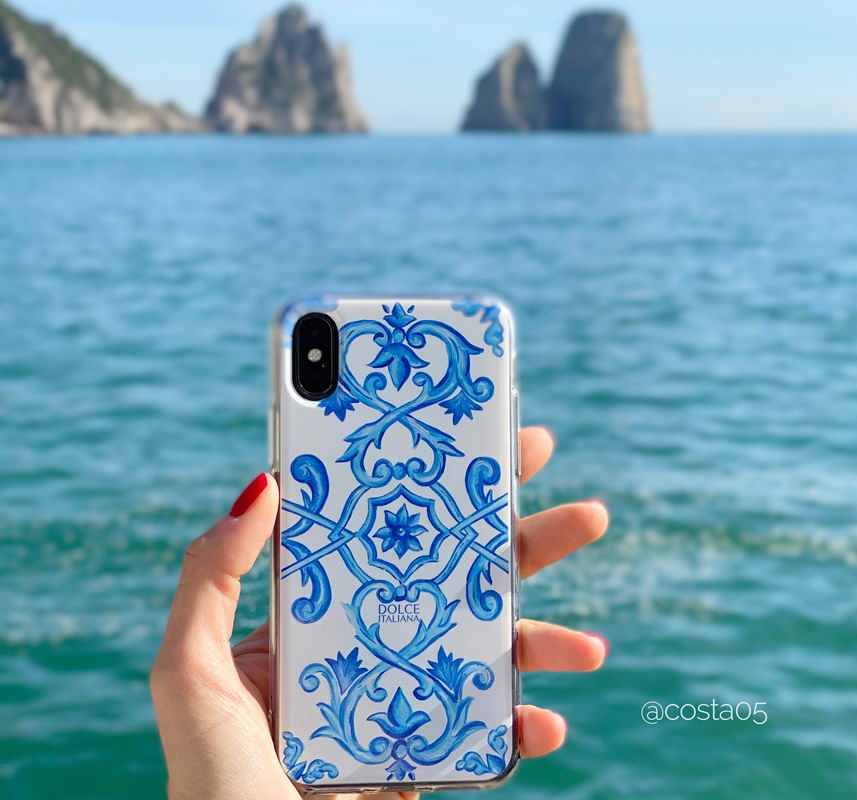 Phone Case - Maiolica Blu - Ceramic White Background Edition-traditional handpainted Italian design maiolica tile pattern-DOLCE ITALIANA against Capri water