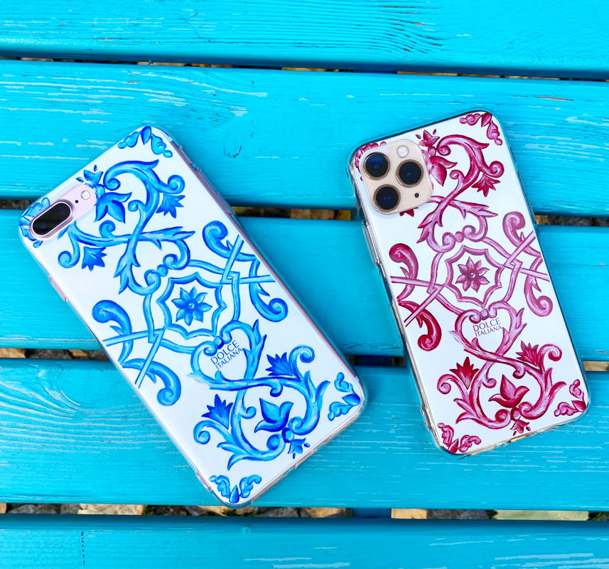Phone Case - Maiolica Blu - Ceramic White Background Edition-traditional handpainted Italian design maiolica tile pattern-DOLCE ITALIANA with Maiolica Red  on picnic bench