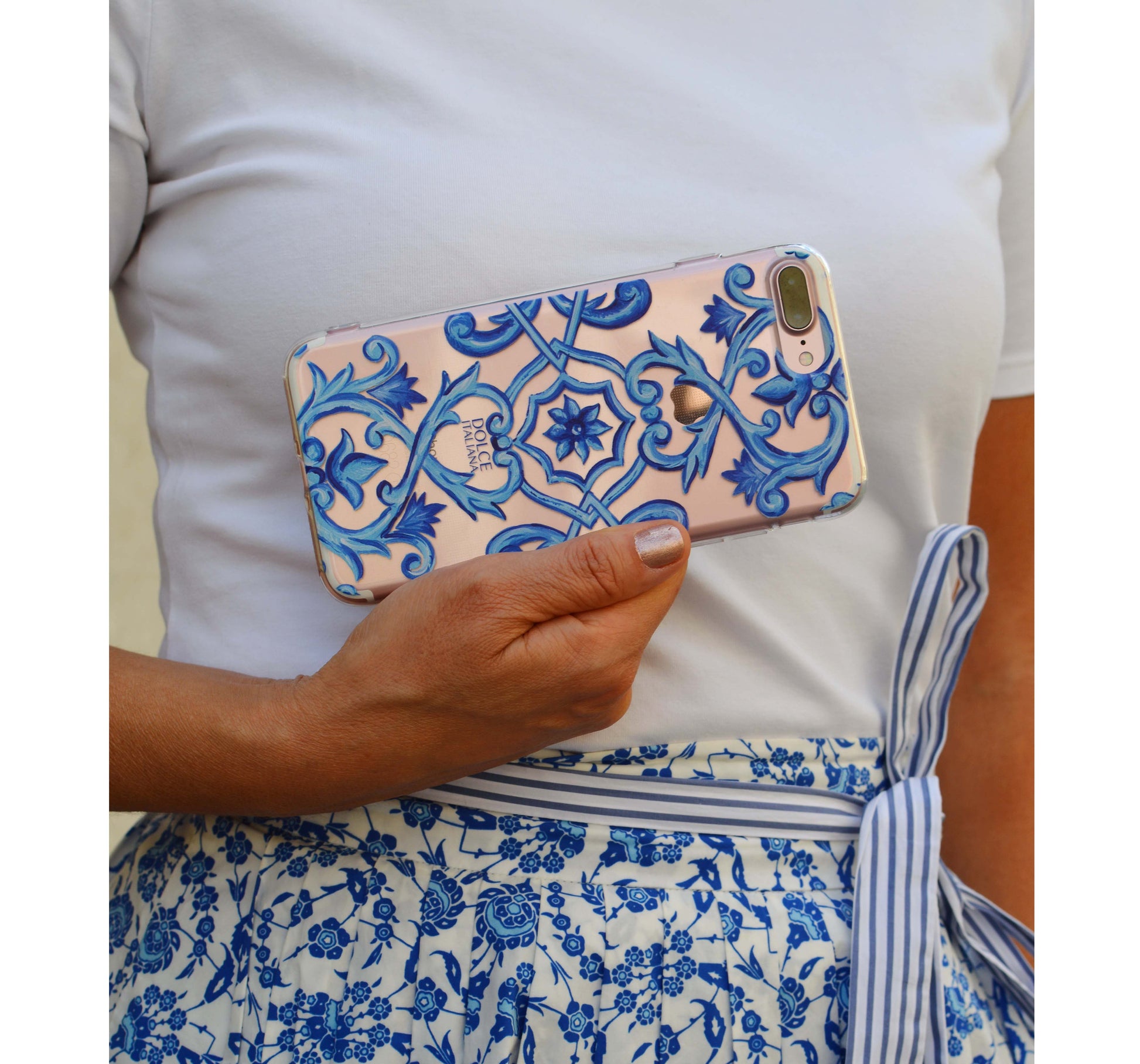 Phone Case - Maiolica Blu - Ceramic White Background Edition-traditional handpainted Italian design maiolica tile pattern-DOLCE ITALIANA close up