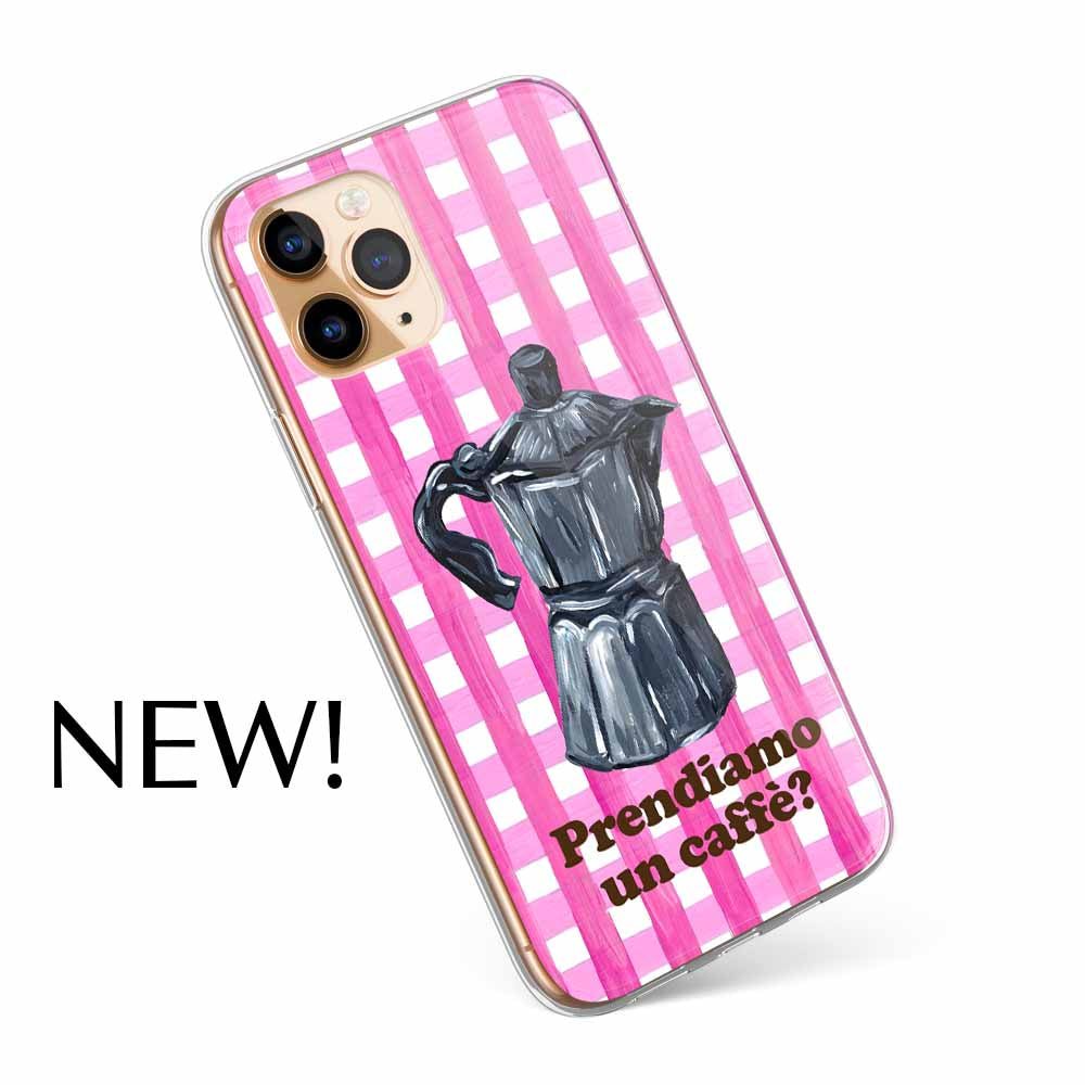 Italian Mokka coffee phone case on pink gingham background