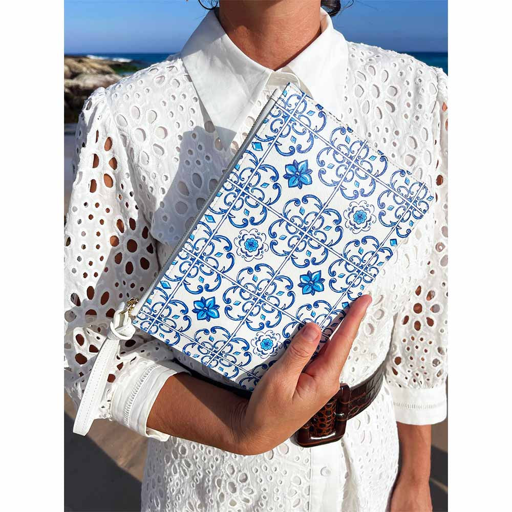 Caltagirone Blu Maiolica tile Italian design clutch bag purse pochette worn by model