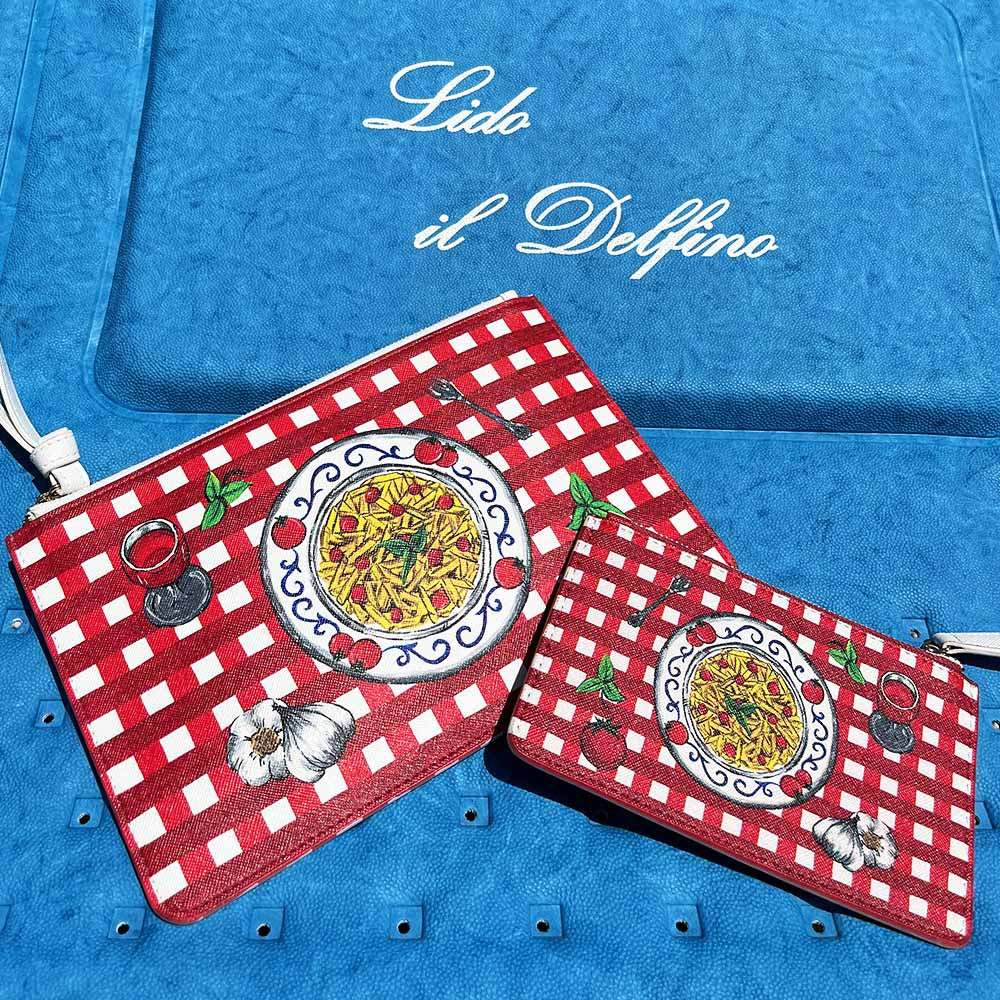 Red gingham restaurant tablecloth handpainted Italian design clutch bag and coin pouch
