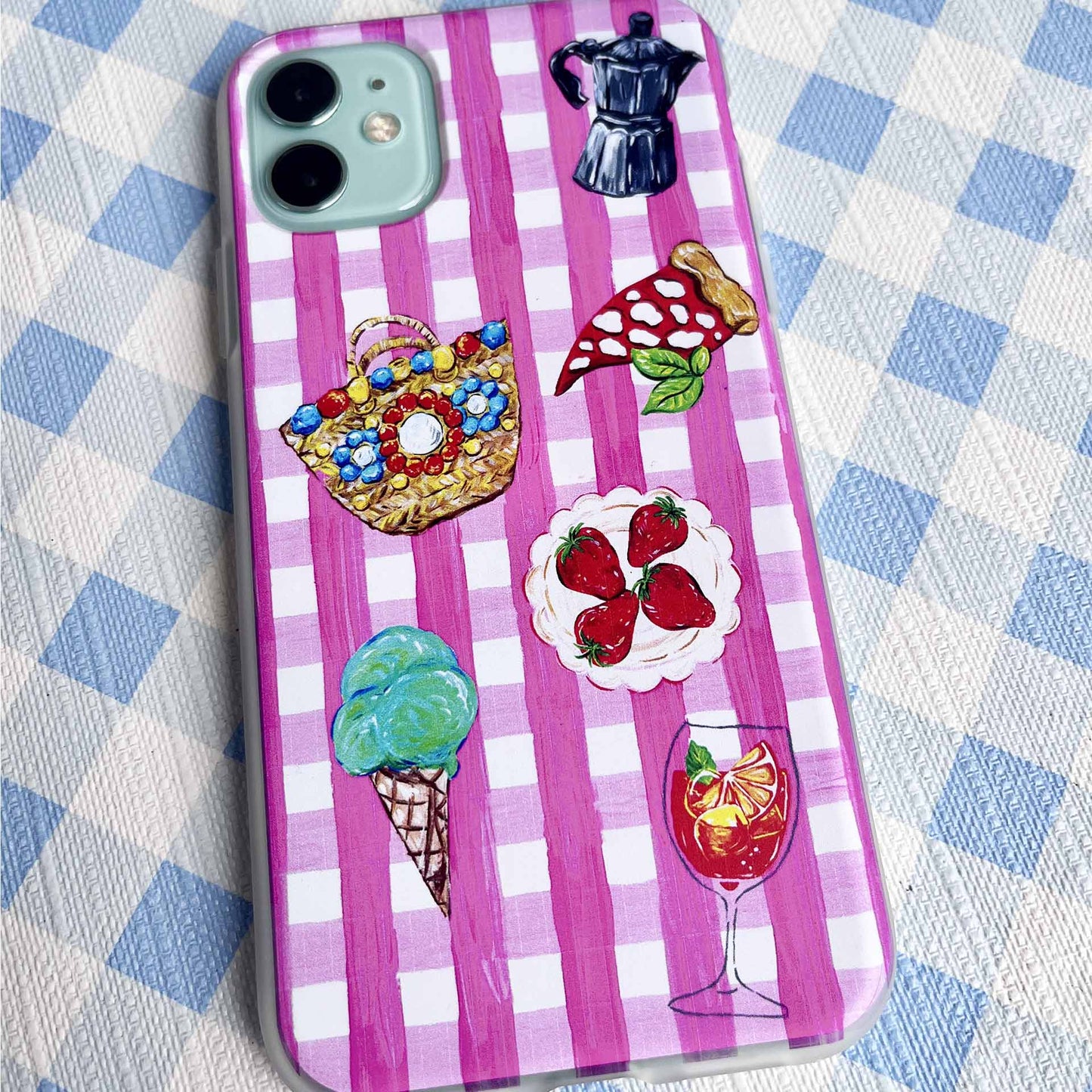 Pink Gingham Vichy Phone Cover featuring Italian icons on blue tablecloth