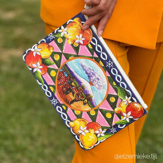 Mt Etna handpainted design purse featuring Sicilian carretto