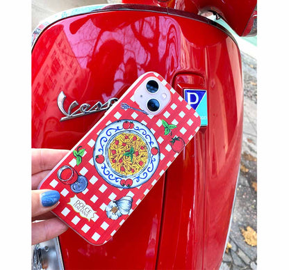 Red Gingham Checkered tablecloth phone case Italian design with Vespa