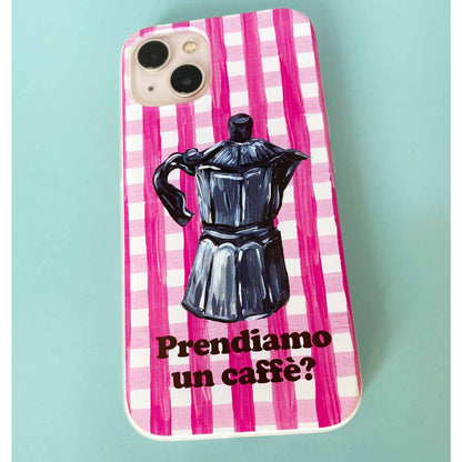 Italian Mokka coffee phone case on pink gingham background